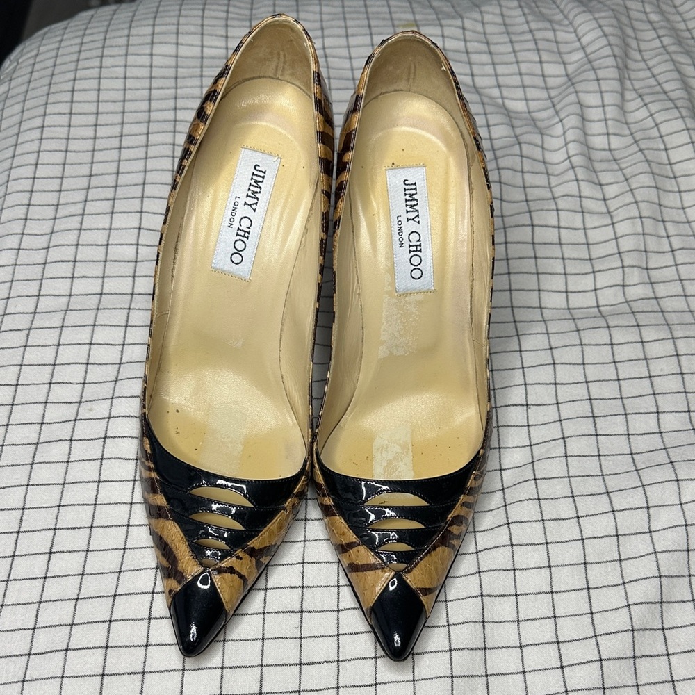 Jimmy Choo Black and Tan Animal Print Heels